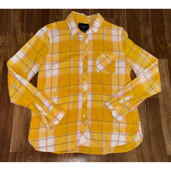 American Eagle Outfitters Tops - American Eagle Outfitters Yellow Plaid Long Sleeve Button Up Shirt M/M